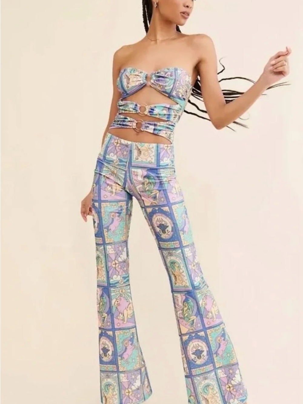 Oceanus Eden Cutout Zodiac Sparkly Flare Jumpsuit